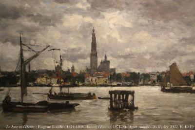 photographie “Le Jour ni l’Heure : Eugène Boudin, 1824-1898, Anvers, l’Escaut (Antwerpen von der Schelde aus gesehen), 1871, musée de Stuttgart, Wurtemberg, samedi 26 février 2022, 16:10:19” par Renaud Camus — www.renaud-camus.net — Boudin, Eugène Boudin, Anvers, Anvers. L’Escaut, Antwerpen von der Schelde aus gesehen, Antwerpen, Escaut, Schelde, Scheldt, Flandre, Flandres, Belgique, Belgium, Stuttgart