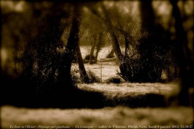 photographie “Le Jour ni l\'Heure 3780 : Paysage pré-posthume — En Lomagne — Plieux, vallée de l\'Auroue, Gers, Gascogne, Midi-Pyrénées, lundi 9 janvier 2012, 15:58:47” par Renaud Camus — www.renaud-camus.net — landscape, valley, Gascony