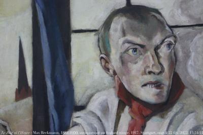 photographie “Le Jour ni l’Heure 0052 : Max Beckmann, 1884-1950, autoportrait au foulard rouge, 1917, Staatsgalerie, Stuttgart, Wurtemberg, Allemagne, mardi 22 février 2022, 23:54:34” par Renaud Camus — www.renaud-camus.net — Beckmann, Max Beckmann, autoportrait, selfportrait, selbstbildnis, autoritratto, peintre, Selbstbildnis mit rotem Schal, Selfportrait with red Scarf, 1917, Stuttgart, Staatsgalerie, Wurtemberg, Allemagne, Deutschland, musée de Stuttgart, 22 février 2023