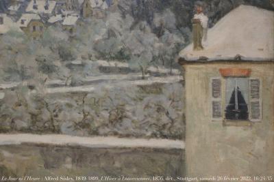 photographie “Le Jour ni l’Heure 1368 : Alfred Sisley, 1839-1899, L’Hiver à Louveciennes, 1876, dét., Staatsgalerie, musée de Stuttgart, Wurtemberg, Allemagne, samedi 26 février 2022, 16:24:35” par Renaud Camus — www.renaud-camus.net — Fenêtre, Sisley, Alfred Sisley, neige, Louveciennes, hiver, L’Hiver à Louveciennes, L'Hiver à Louveciennes, tableau, paysage, Stuttgart, musée de Stuttgart, Staatsgalerie, Wurtemberg, Allemagne, Deutschland, 26 février2022