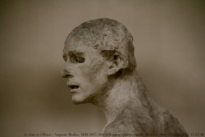 photographie “Le Jour ni l’Heure 7529 : Auguste Rodin, 1840-1917, tête d’homme, plâtre, étude (pour les “Bourgeois de Calais” ? Jean de Fiennes ?), villa des Brillants, Meudon, Hauts-de-Seine, Île-de-France, dimanche 12 août 2012, 17:17:58” par Renaud Camus — www.renaud-camus.net — sculpture, sculpteur, sculptor, head, man, Bourgeois de Calais, demeures de l’esprit, ateliers d’artiste, artists' studio