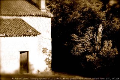 photographie “Le Jour ni l’Heure 7836 : En Lomagne — Paysage préposthume n° 123 (“Le Parc”) — Plieux, jardin de la chartreuse, samedi 3 août 2013, 19:32:28” par Renaud Camus — www.renaud-camus.net — soir, evening, Été, Summer, park, communs, preposthumous, preposthumous landscape