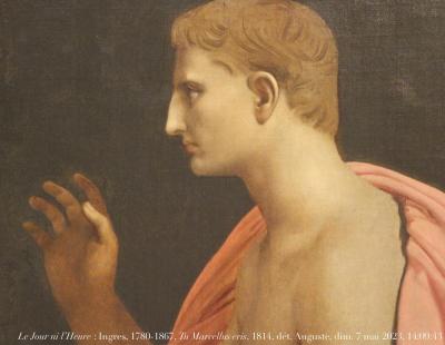 photographie “Le Jour ni l’Heure 5915 : Jean Auguste Dominique Ingres, 1780-1867, Tu Marcelus éris, ou  Virgile lisant à Auguste l’Énéide, 1814, dét., Auguste, 63 av.-14 ap. J.-C., Bruxelles, dimanche 7 mai 2023, 14:09:43” par Renaud Camus — www.renaud-camus.net — Ingres, Jean Auguste Dominique Ingres, Tu Marcellus eris, Virgile lisant à Auguste l, Auguste, Octave Auguste, empereur, Bruxelles, musée de Bruxelles, musées royaux des Beaux-Arts de Belgique