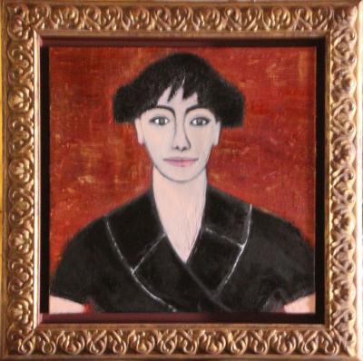 photographie “Couverte 60x60 n° 135 (?), portrait de Mlle D., huile sur toile, 24 mai 2025” par Renaud Camus — www.renaud-camus.net — Mlle D., portrait de Mlle D., Deraï, encadré, huile sur toile, couverte, couverte 60x60 n° 135