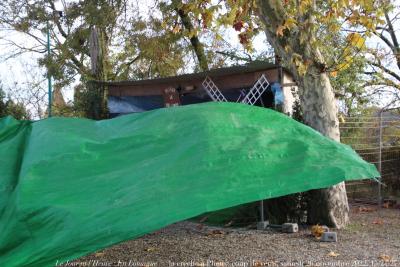 photographie “Le Jour ni l’Heure 0508 : En Lomagne — la crèche à Plieux, coup de vent, samedi 26 novembre 2022, 15:21:27” par Renaud Camus — www.renaud-camus.net — Plieux, crèche, Lomagne, En Lomagne, Gers, bâche, coup, de, vente, coup de vent