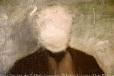 photographie “Le Jour ni l’Heure 5656 : Edgar Degas, 1834-1917, Deux hommes en pied, c. 1862, dét., musée d’Art moderne de Troyes, anc. collection Pierre & Denise Lévy, Aube, Champagne, mercredi 19 juin 2013, 14:55:12” par Renaud Camus — www.renaud-camus.net — tableau, painting, toile, peinture, double portrait, homme invisible, Lévinas, Emmanuel Lévinas, visage, face, perruche, ombre, ectoplasme