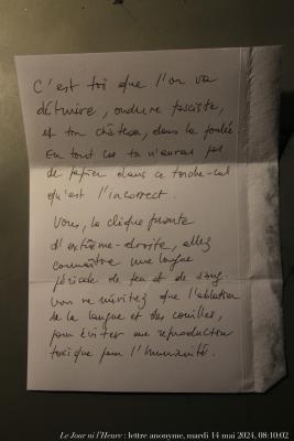photographie “Le Jour ni l’Heure 7006 : la routine — lettre anonyme, mardi 14 mai 2024, 08:10:02” par Renaud Camus — www.renaud-camus.net — lettre, lettre anonyme, menaces, routine, la routine