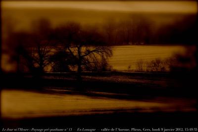 photographie “Le Jour ni l\'Heure 3725 : Paysage pré-posthume n° 13 — En Lomagne — vallée de l\'Auroue, Gers, Gascogne, lundi 9 janvier 2012, 15:49:35” par Renaud Camus — www.renaud-camus.net — landscape, valley, arbres, trees, Gascony