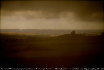 photographie “Le Jour ni l\'heure 4668 : Paysage pré-posthume n° 24 (Hommage à Georges Michel) — En Lomagne — Plieux, fenêtre de la chambre, vendredi 20 janvier 2012, 11:11:33” par Renaud Camus — www.renaud-camus.net — landscape, Agen, Gachepouy, Fieux, Miradoux, Gascony, castle, castles, ciels, Georges Michel