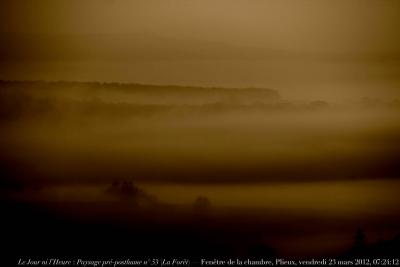 photographie “Le Jour ni l’Heure 8740 : En Lomagne — Paysage pré-posthume n° 53 (La Forêt) — Fenêtre de la chambre, vue au nord-est, Plieux, Gers, Gascogne, Midi-Pyrénées, vendredi 23 mars 2012, 07:24:12” par Renaud Camus — www.renaud-camus.net — landscape, forest, window, Gascony