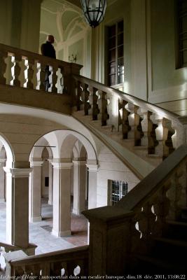 photographie “Le Jour ni l\'Heure 1293 : autoportrait dans un escalier baroque, palais Anguissola di Cimalava-Rocca, XVIIIe s., Plaisance (Piacenza), Émilie-Romagne, Italie, dimanche 18 décembre 2011, 13:08:22” par Renaud Camus — www.renaud-camus.net — selfportrait, autoritratto, selfbildnis, stairs, escalera, scala, scalera, barocco, Piacenza, Emilia-Romagna, Italia