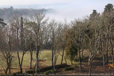 photographie “Le Jour ni l‘Heure 3707 : En Lomagne — Fenêtre de la bibliothèque, Plieux, Gers, Gascogne, jeudi 16 février 2023, 10:22:38” par Renaud Camus — www.renaud-camus.net — Plieux, Gers, Fenêtre de la bibliothèque, fenêtre, bibliothèque, brume, parc, Lomagne, En Lomagne