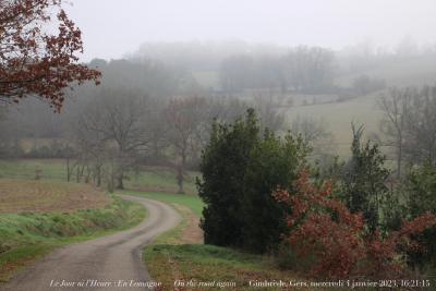 photographie “Le Jour ni l’Heure 2237 : En Lomagne — On the road again — Gimbrède, Gers, Gascogne, mercredi 4 janvier 2023, 16:21:15” par Renaud Camus — www.renaud-camus.net — Gimbrède, Escoupetaulès, Lomagne, Gers, En Lomagne, Gascogne, Brulhois, route, hiver