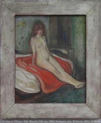 photographie “Le Jour ni l’Heure 1101 : Edvard Munch, 1863-1944, Fille nue sur une couverture rouge, 1902, musée de Stuttgart, Wurtemberg, Allemagne, samedi 26 février 2022, 15:08:06” par Renaud Camus — www.renaud-camus.net — Munch, Edvard Munch, Fille nue sur une couverture rouge” , auf, Rotem, Tuch, fille, fille nue, Nude Girl on a Red Cloth, Stuttgart, musée de Stuttgart, Staatsgalerie, Wurtemberg, Allemagne, Deutschland, Camus, Renaud Camus, 26 février 2022