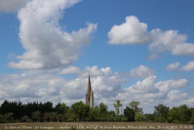 photographie “Le Jour ni l’Heure 5480 : En Lomagne — clocher, c. 1450, de l’église Saint-Jean-Bapriste de Plieux, Gers, Gascogne, dimanche 28 avril 2024, 15:16:39” par Renaud Camus — www.renaud-camus.net — Plieux, église, clocher, gothique, Lomagne, En Lomagne, Gers, Gascogne, église de Plieux, 28 octobre 2024