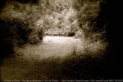 photographie “Le Jour ni l’Heure 7922 : Paysage préposthume n° 124 (“La Trouée”) — Les Granges, Saint-Georges, Gers, Gascogne, Midi-Pyrénées, mardi 6 août 2013, 19:54:26” par Renaud Camus — www.renaud-camus.net — presposthumous, parc, park, landscape, Gascony
