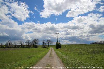 photographie “Le Jour ni l’Heure 4107 : En Lomagne — chemin de La Rouquette, Plieux, Gers, Gascogne, lundi 1er avril 2024, 15:07:10” par Renaud Camus — www.renaud-camus.net — Plieux, Gers, Lomagne, En Lomagne, Gascogne, chemin, chemin de La Rouquette, ciel, nuages, poteaux