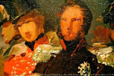 photographie “Le Jour ni l’Heure 6628 : Léon Cogniet, 1794-1880, Louis-Philippe & ses fils (duc de Chartres, bientôt duc d’Orléans, et duc de Nemours), dét. de “Louis-Philippe et son état-major”, 1830, musée d’Orléans, Loiret, mardi 7 août 2012, 14:57:40” par Renaud Camus — www.renaud-camus.net — tableau, portrait, Trois Glorieuses, histoire, Révolution de 1830, Palais-Royal