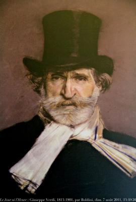 photographie “Le Jour ni l\'Heure 0607 : portrait, 1886, de Giuseppe Verdi, 1813-1901, par Giovanni Boldini, 1842-1941,d\'après une reproduction sur affiche, musée Verdi, villa Pallavicino, Busseto, prov. de Parme, Émilie-Romagne, Italie, dimanche 7 août 2011, 13:49:20” par Renaud Camus — www.renaud-camus.net — portrait, tableau, ritratto, reproduction, musicien, compositeur, compositore, musicista, opéra, opera