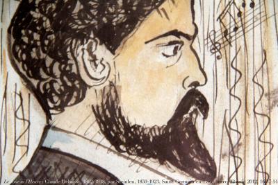 photographie “Le Jour ni l’Heure 9415 : Claude Debussy, 1862-1918, par Théophile-Alexandre Steinlen, 1859-1923, maison natale de Debussy, Saint-Germaine-en-Laye, Yvelines, Île-de-France, mercredi 22 août 2012, 16:37:14” par Renaud Camus — www.renaud-camus.net — portrait, musicien, compositeur, Pelléas et Mélisande, La Mer, demeures de l’esprit, maisons d’artistes, Calling on the Composer