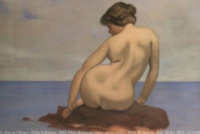 photographie “Le Jour ni l’Heure 9727 : Félix Vallotton, 1865-1925, Baigneuse assise sur un rocher, 1910, musée des Beaux-Arts de Besançon, Doubs, dimanche 20 février 2022, 12:44:08” par Renaud Camus — www.renaud-camus.net — Vallotton, Félix Vallotton, Femme assise sur un rocher, femme, jeune fille, femme nue, rocher, Besançon, musée de Besançon, musée des Beaux-Arts de Besançon, Doubs, Franche-Comté