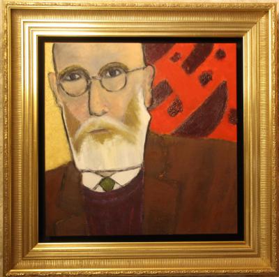 photographie “Couverte 60x60 n° 112 (?), autoportrait à l‘aleph rouge, c. 2018, huile sur toile” par Renaud Camus — www.renaud-camus.net — couverte, couverte 60x60, autoportrait, selfportrait, encadré, autoportrait encadré, huile sur toile, 60X60, autoportrait à l'aleph rouge, 2018, 2022