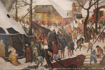 photographie “Le Jour ni l’Heure 5835 : Pieter Bruegel le Jeune, 1564-1638, L’Adoration des Mages dans un paysage de neige, c. 1610 (?), d’ap. Pieter Bruegel l’Ancien, c. 1525-1569, dét., Bruxelles, musées royaux des Beaux-Arts de Belgique, dim. 7 mai 2023, 13:16:06” par Renaud Camus — www.renaud-camus.net — Bruegel, Pieter Bruegel, Pieter Bruegel le Jeune, Pieter Bruegel l'Ancien, L'Adoration des Mages dans un paysage de neige, Bruxelles, musée de Bruxelles, musée des Beaux-Arts de Belgique, musées royaux des Beaux-Arts de Belgique