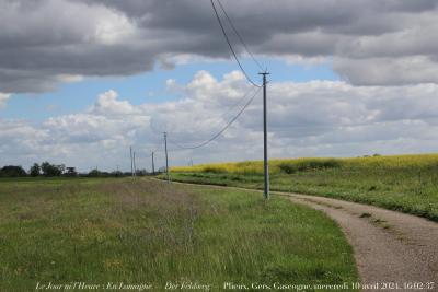 photographie “Le Jour ni l’Heure 4687 : En Lomagne — Der Felweg — Plieux, Gers, Gascogne, mercredi 10 avril 2024, 16:02:37” par Renaud Camus — www.renaud-camus.net — Plieux, Le Chemin de campagne, Der Feldweg, chemin de La Rouquette, chemin, poteaux, Lomagne, En Lomagne, Gers, Gascogne