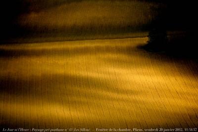 photographie “Le Jour ni l’Heure 4676 : Paysage préposthume n° 43 (“Les Sillons”) — En Lomagne — Fenêtre de la chambre, Plieux, Gers, Gascogne, Midi-Pyrénées, France, vendredi 20 janvier 2012, 11:34:57” par Renaud Camus — www.renaud-camus.net — champs, fields, window, ombres, Gascony