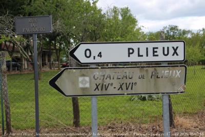 photographie “Le Jour ni l’Heure 4972 : En Lomagne — les conséquences inattendues de la disgrâce politique — Plieux, Gers, Gascogne, mercredi 17 avril 2024, 18:07:16” par Renaud Camus — www.renaud-camus.net — panneaux, panneau, signalétique, panneaux routiers, monuments historiques, Plieux, Gers, Gascogne, Lomagne, En Lomagne, disgrâce