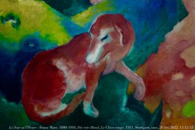 photographie “Le Jour ni l’Heure : Franz Marc, 1880-1916, Die rote Hund, La Chien rouge, 1911, musée de Stuttgart, Wurtemberg, samedi 26 février 2022, 15:12:12” par Renaud Camus — www.renaud-camus.net — Marc, Franz Marc, Die rote Hund, Le Chien rouge, tableau, chien, Stuttgart, musée de Suttgart, Wurtemberg, Allemagne, peinture allemande, expressionnisme allemand