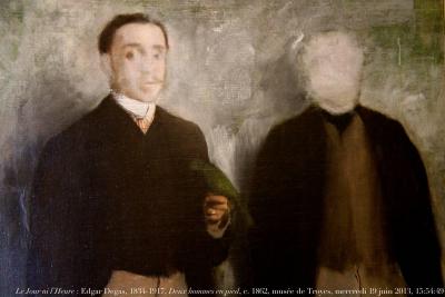 photographie “Le Jour ni l’Heure 5653 : Edgar Degas, 1834-1917, Deux hommes en pied, c. 1862, dét., muséee d’Art moderne de Troyes, collection Pierre & Denise Lévy, mercredi 19 juin 2013, 15:54:49” par Renaud Camus — www.renaud-camus.net — tableau, painting, portrait, autoportrait, perruche, homme, man, parrot