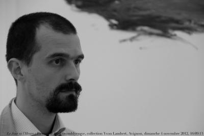 photographie “Le Jour ni l’Heure 4475 : Pierre sur fond twomblyesque, collection Yvon Lambert, hôtel de Caumont, Avignon, Vaucluse, dimanche 4 novembre 2012, 16:09:13” par Renaud Camus — www.renaud-camus.net — portrait, portrait d’homme, homme, man, jeune homme, barbe, beard, musée, museum, tableau, Phaedra