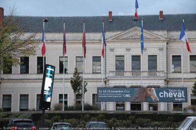 photographie “« Arrêtez le massacre ! » : mairie d’Angers, défigurée par un fenestrage anachronique et la signalisation abusive et mal placée, Angers, Maine-et-Loire, dimanche 6 novembre 2016, 17:43:01” par Renaud Camus — www.renaud-camus.net — « Arrêtez le massacre ! », Au Pays des Vandales, vandales, vandalisme, vandalism, fenestrage, signalisation, publicité, information, désignalisation, Angers, mairie d’Angers, 6 novembre 2016