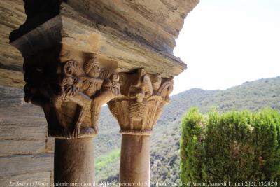 photographie “Le Jour ni l’Heure 6044 : chapiteaux, lions engoulants et aigles, XIIe s., prieuré de Serrabone, Boule-d’Amont, Aspre, Pyrénées-Orientales, Roussillon, samdei 11 mai 2024, 13:26:56” par Renaud Camus — www.renaud-camus.net — Serrabone, Serrabona, prieuré, prieuré de Serrabone, galerie, chapiteaux, lions engoulants, aigles, lions, galerie sud, Boule-d’Amont, Aspre, pays d’Aspre, Roussillon, Roussillon roman, roman, romane, art roman, romanesque, Catalogne, sculpture romane